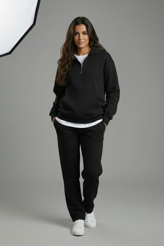 Women's Essential Black Quarter-Zip Hoodie and Jogger Set