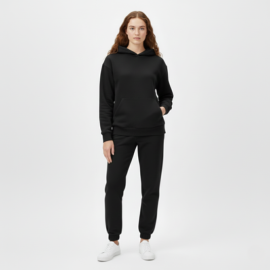 Woman's Premium Essential Black Fleece Hoodie and Jogger Tracksuit